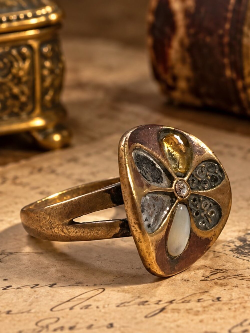 Vintage Brass Oval Flower Ring | Enamel, Mother of Pearl & Rhinestone Inlay